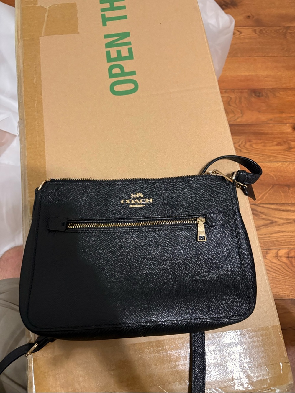 Coach Black Leather Crossbody with Gold Logo and Zipper
